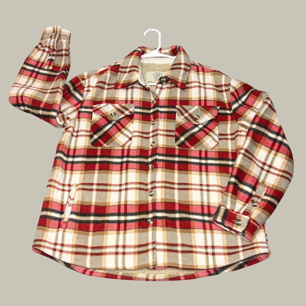 Sage Collective Sherpa Lined Plaid Flannel Shirt Jacket Red Tan Black Size M